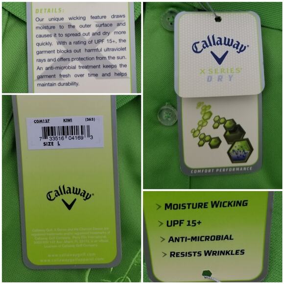 Callaway Golf Polo Shirt Size L Embroidered Short Sleeves Bright Green UPF15 NWT - Picture 5 of 8